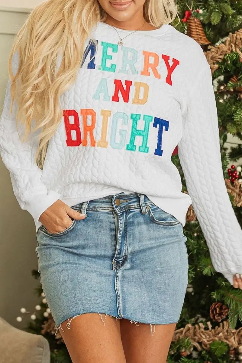 White Merry And Bright Cable Knit Pullover Sweatshirt - Love Salve